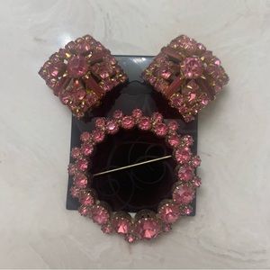 Vintage Jewelry Set~Pink Rhinestone Brooch and Clip on Earrings